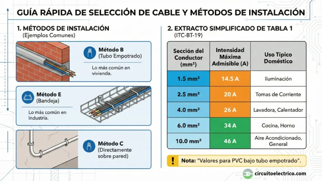 Guía rápida de selección de cable eléctrico según REBT. Izquierda: Ilustración de métodos de instalación (B: Tubo empotrado, E: Bandeja, C: Pared). Derecha: Tabla de intensidades máximas para vivienda (PVC bajo tubo), relacionando sección (1.5mm² a 10mm²) con amperaje límite (14.5A a 46A) y uso típico