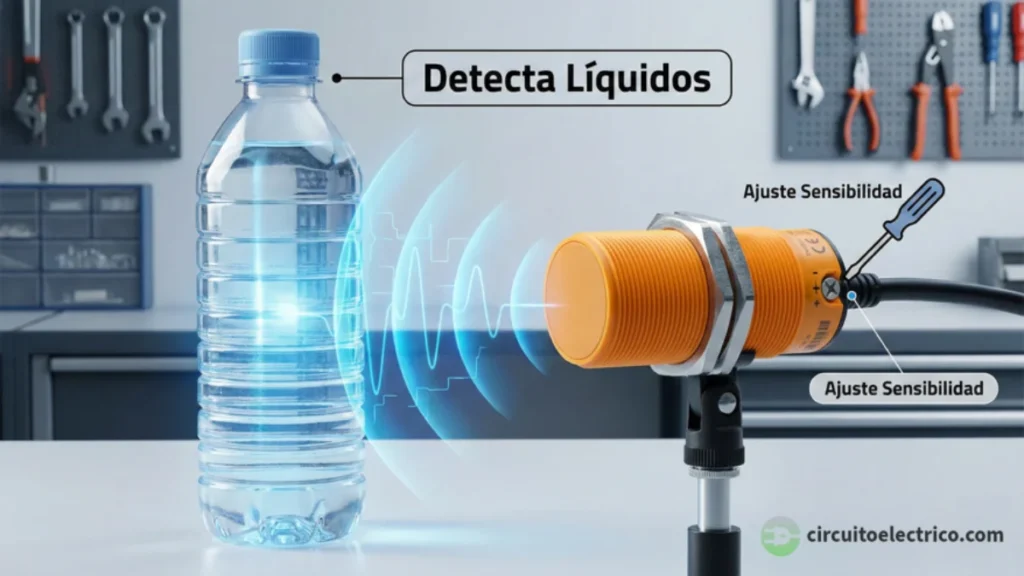 Ilustración de un sensor capacitivo industrial (cuerpo naranja) detectando agua dentro de una botella de plástico cerrada. Se destaca el detalle del potenciómetro trasero con un destornillador realizando el "Ajuste Sensibilidad"