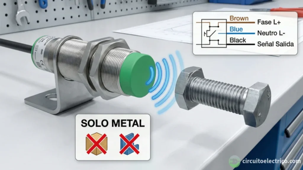 Ilustración de un sensor inductivo detectando un tornillo metálico. Incluye esquema de conexión de 3 hilos: Marrón (Fase), Azul (Neutro) y Negro (Señal), y un icono indicando que detecta "Solo Metal"