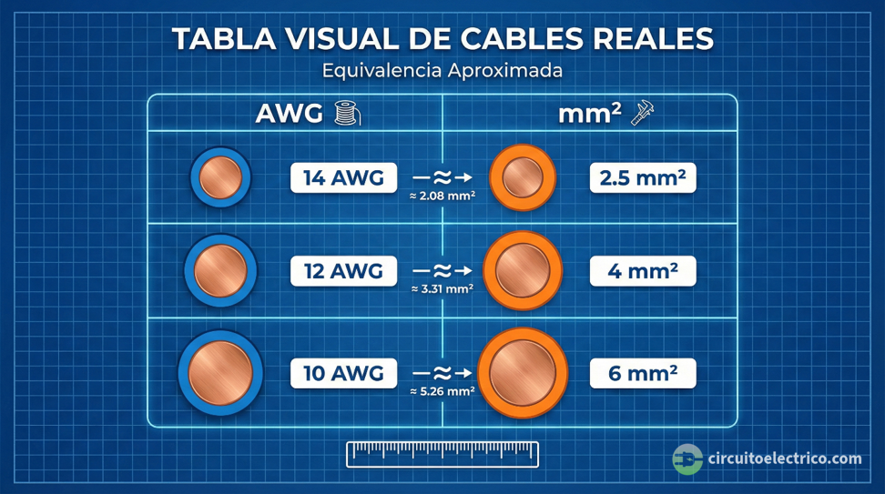 Tabla visual de equivalencia aproximada entre cables AWG y mm². Compara gráficamente el diámetro real: 14 AWG (aprox 2.08mm²) frente a 2.5mm², 12 AWG frente a 4mm² y 10 AWG frente a 6mm², mostrando las ligeras diferencias de grosor