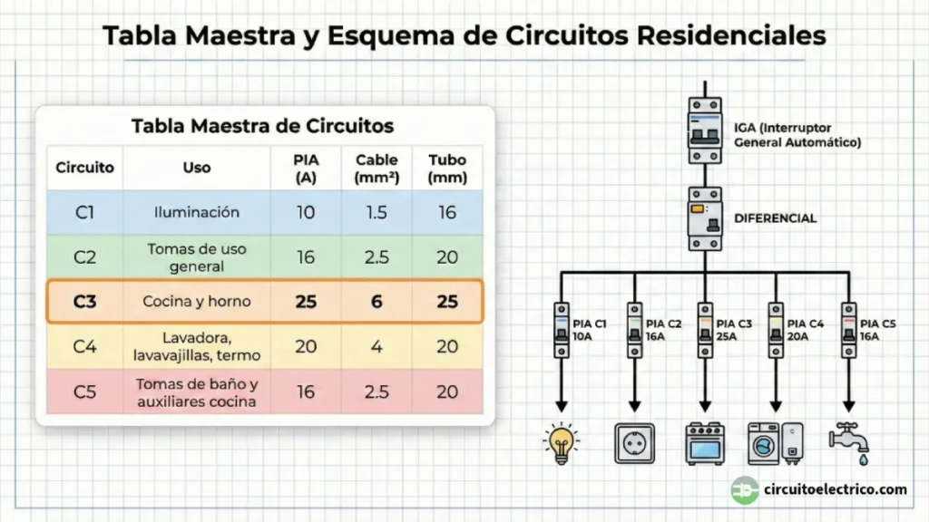 Tabla técnica y esquema unifilar de los circuitos básicos de una vivienda (C1 a C5). La tabla especifica el uso, amperaje del PIA (10A-25A), sección del cable (1.5mm²-6mm²) y diámetro del tubo. Se destaca el circuito C3 de cocina por su mayor potencia