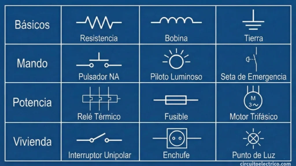 Tabla de simbología eléctrica sobre fondo azul técnico. Organizada en filas: Básicos (Resistencia, Tierra), Mando (Pulsador, Seta de Emergencia), Potencia (Motor Trifásico, Fusible) y Vivienda (Enchufe, Interruptor)