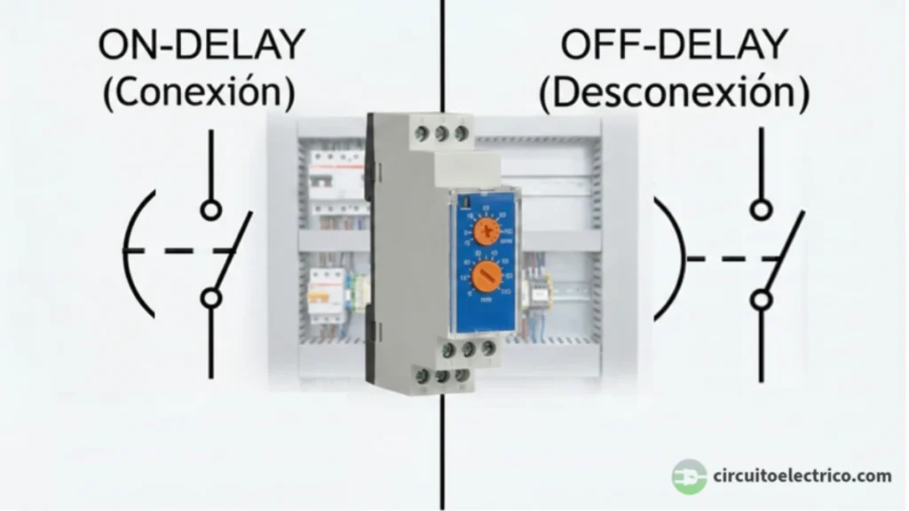 Infografía comparativa de temporizadores. A la izquierda, símbolo y texto de "ON-DELAY (Conexión)"; a la derecha, símbolo y texto de "OFF-DELAY (Desconexión)". En el centro, un relé temporizador modular físico