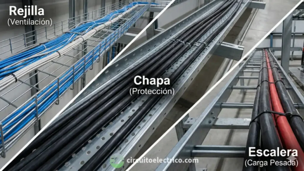 Comparativa de tipos de bandejas eléctricas industriales. Izquierda: Bandeja de Rejilla (Ventilación) con cables de datos. Centro: Bandeja de Chapa perforada (Protección) con mangueras. Derecha: Bandeja de Escalera (Carga Pesada) soportando cables de gran sección