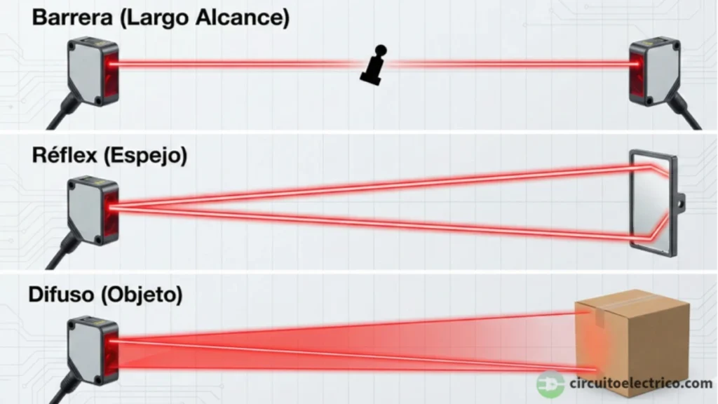 Infografía comparativa de tipos de sensores fotoeléctricos: Barrera (Largo Alcance) con emisor-receptor separados, Réflex (Espejo) con rebote en reflector y Difuso (Objeto) que detecta directamente sobre la superficie