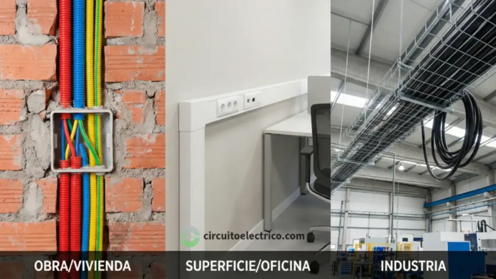 Comparativa de sistemas de instalación eléctrica interior. Izquierda: Tubos corrugados de colores empotrados en ladrillo (Obra/Vivienda). Centro: Canaleta blanca de superficie con mecanismos en oficina. Derecha: Bandejas de rejilla metálica colgadas en techo industrial