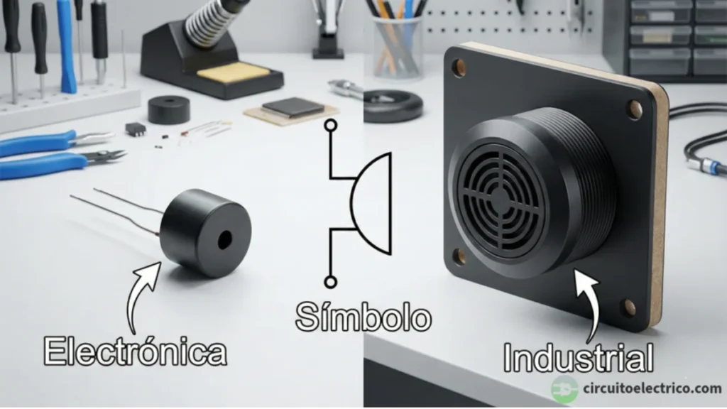 Comparativa visual de zumbadores: a la izquierda un pequeño buzzer piezoeléctrico etiquetado como "Electrónica", a la derecha un zumbador de panel robusto etiquetado como "Industrial", y en el centro el "Símbolo" gráfico semicircular que los representa