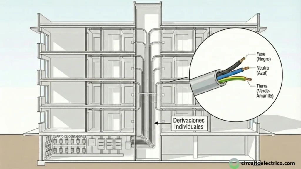 Sección transversal de un edificio mostrando el trazado de las Derivaciones Individuales (DI). Los tubos salen del cuarto de contadores y suben por el patinillo vertical hacia cada vivienda. Zoom detallando el cableado estándar: Fase (Negro), Neutro (Azul) y Tierra (Verde-Amarillo)