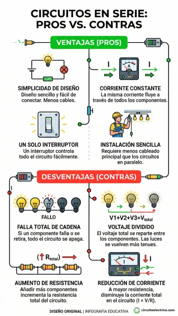 Infografía educativa de la conexión en serie o circuito de una sola trayectoria, analizando los pros y los contras de esta conexión